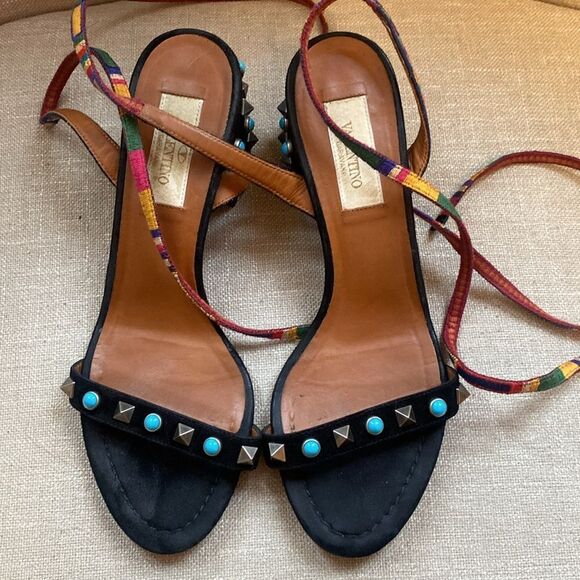 Valentino Black Suede Multicolored Rockstud Sandals 👡 - Picture 8 of 13
